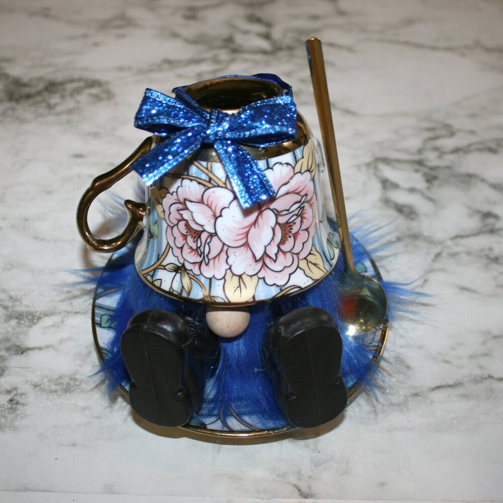 HAND CRAFTED Gnome Tea Cup and Saucer Set Floral Metallic Home Decor Blue
